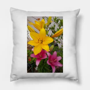 Yellow and Pink Lily Flowers Photo Pillow