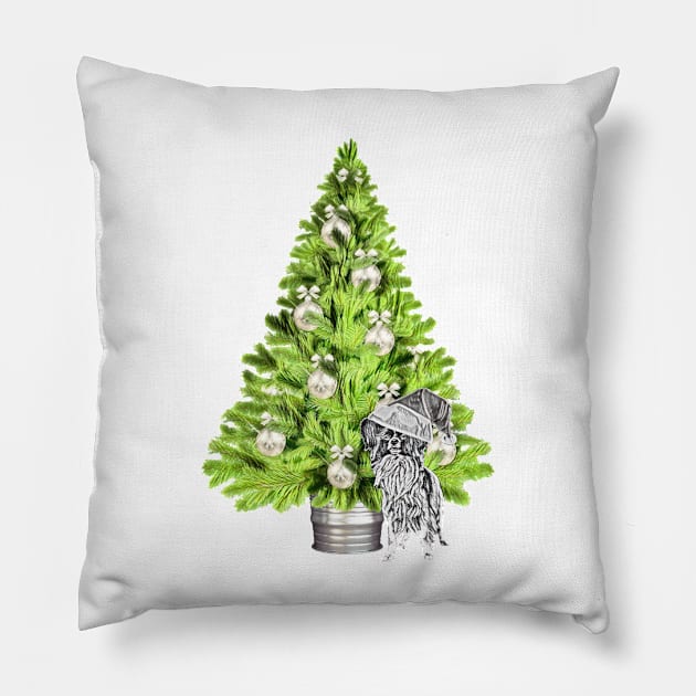 Papillon Dog Christmas scene with Christmas tree and Santa hat Pillow by NikkiBear67