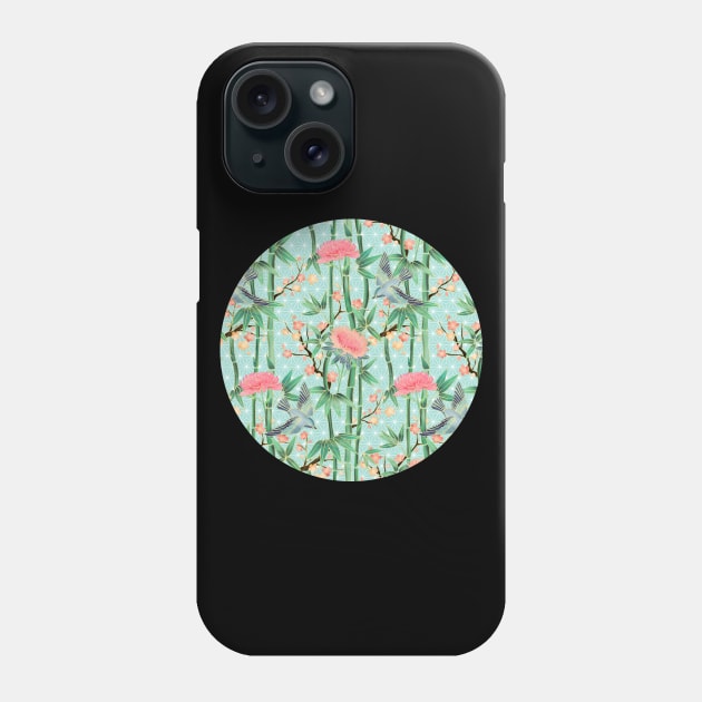 Bamboo, Birds and Blossom - soft blue green Phone Case by micklyn