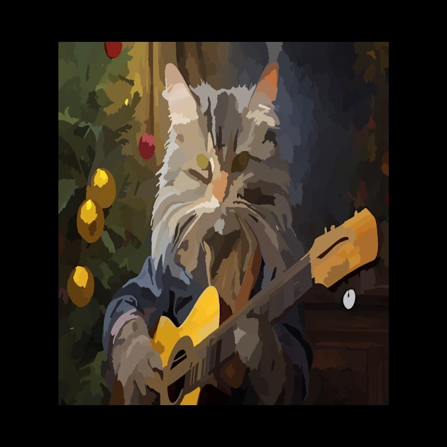 watercolor cat playing guitar with Christmas tree by Catbrat