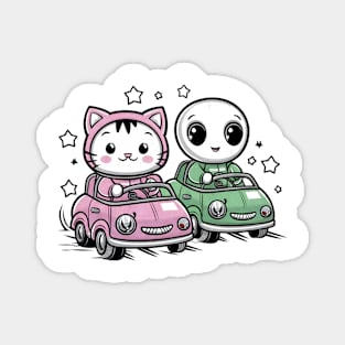 Cute kitty cat and alien in crazy cars Magnet