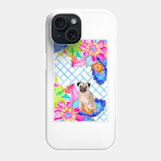 Pug on chinoiserie tobacco leaves bavkground Phone Case