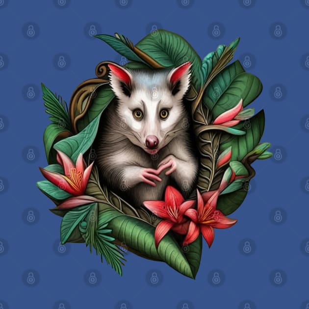 North American Opossum Surrounded By Carolina Lily Tattoo Art by taiche