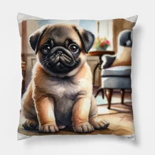 Watercolor Pug Puppies Painting - Cute Puppy Pillow