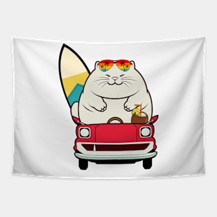 Funny Fat cat is driving to the beach Tapestry