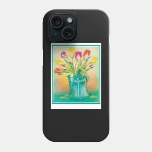 Lovely fresh colorful tulips in an vintage watering can, water color Phone Case