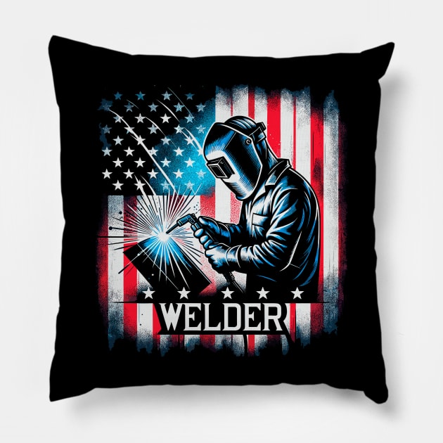 Welding Funny Welder Quotes USA American Flag Pillow by Visual Vibes