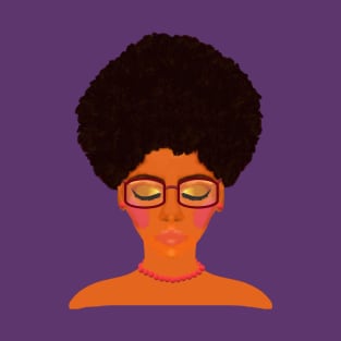 Woman with Afro, Glasses and Coral Beaded Jewelry (Purple Background) T-Shirt