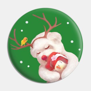 Little Girl Hugging Dog in Reindeer Antlers Pin