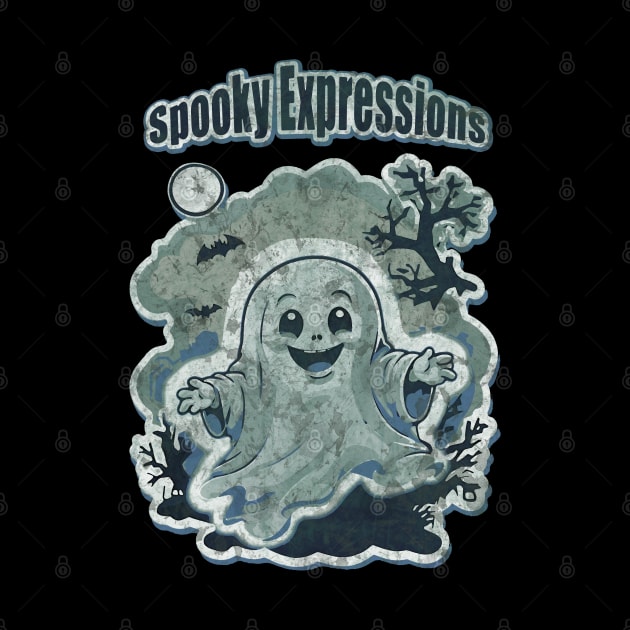 Sweet Ghost in Spooky Expressions, Halloween Scary, dark atmosphere, Halloween vibes by Collagedream