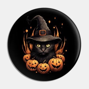 Black halloween cat with pumpkins Pin