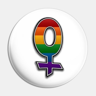 Halftone Lesbian Pride Female Gender Symbol with Rainbow Flag Background Pin