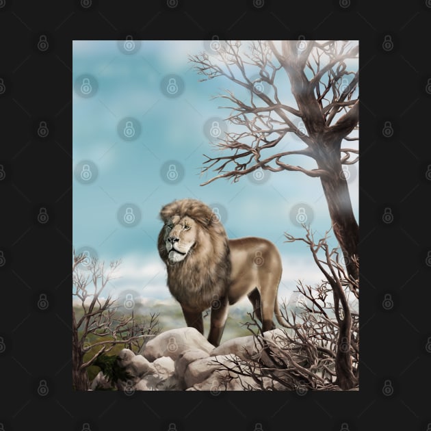 Lion king a wild animal. Wild African lion in nature. Retro style. Realistic Oil painting illustration. Wildlife ART Hand Drawing by sofiartmedia