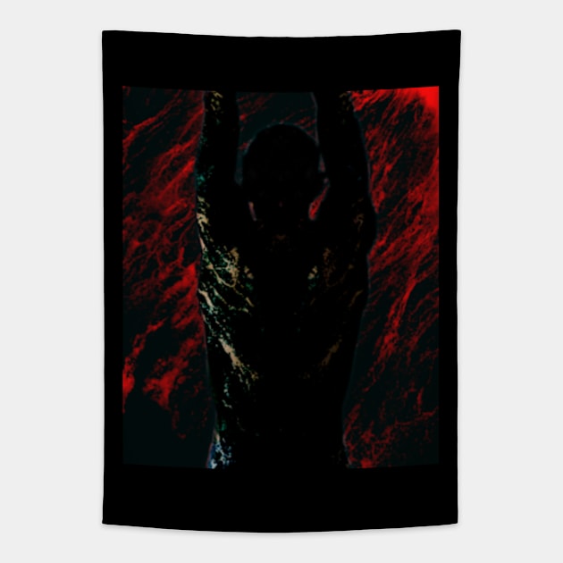 Portrait, digital collage and special processing. Men's back. Mystic. Energy waves. Red and black. Tapestry by 234TeeUser234