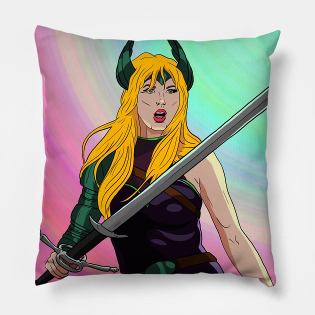 Fearless Warrior ('80s Fantasy) Pillow by NikSwiftDraws