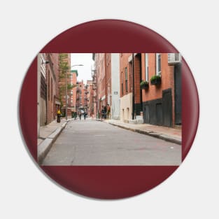 Boston back street background image with focus on foreground and blurry urban beyond, USA. Pin