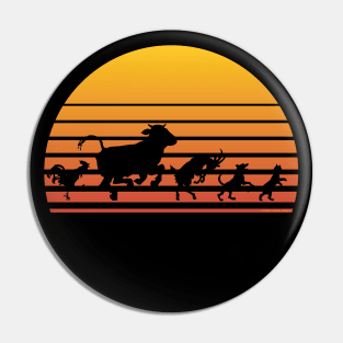 Retro Sunset Dancing Animals Chicken Cow Goat Dog and Cat Pin