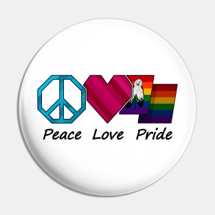 Peace, Love, and Pride design in Two-Spirited pride flag colors Pin