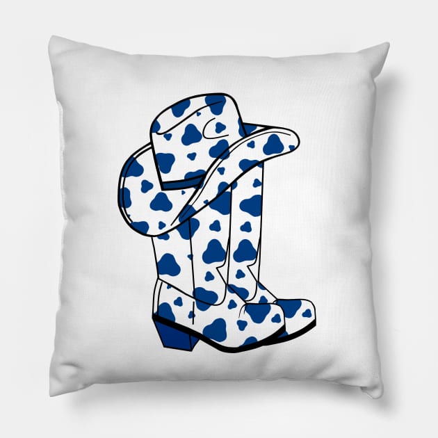 BLUE Cow Spots Cowboy Boots And Hat Pillow by SartorisArt1