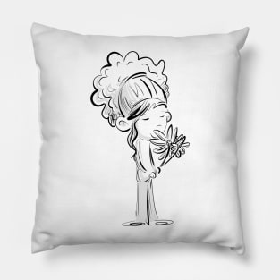 Curly Haired Girl Smelling Daisies Pillow