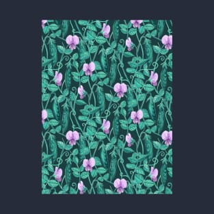 Fresh Garden Pea Floral on Dark Green T-Shirt