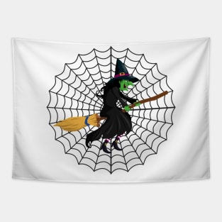 Funny Spider Web Halloween Witch Broom Tapestry