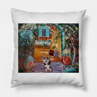 Corgi in the Courtyard Pillow