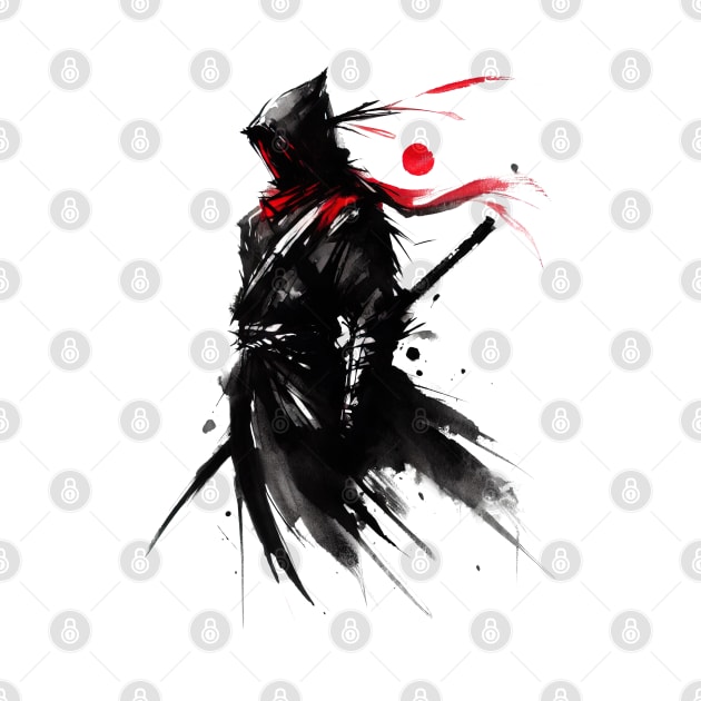 Crimson Shadow: Ink Wash Ninja by T-Shirt Paradise