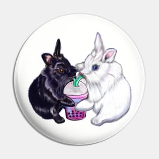 Boba bunnies - bunny rabbits sipping bubble tea - pair of cute furry ebony and snow colored coloured lionhead bunny rabbit Pin