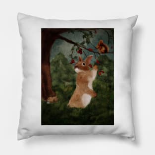 Forest Watercolor Baby Bunny, Red Squirrel and Sleeping Fox Pillow