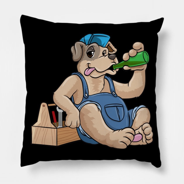 Funny mechanic dog is drinking beer Pillow by Markus Schnabel