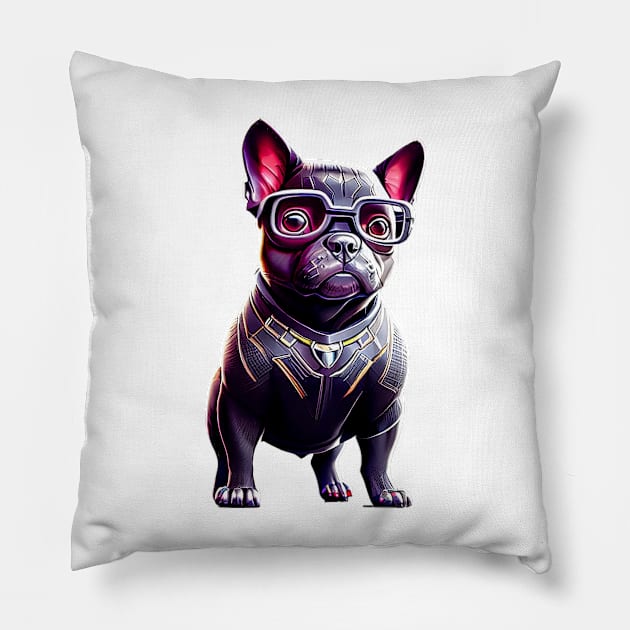 Frenchie in Sleek Feline Attire Pillow by fur-niche