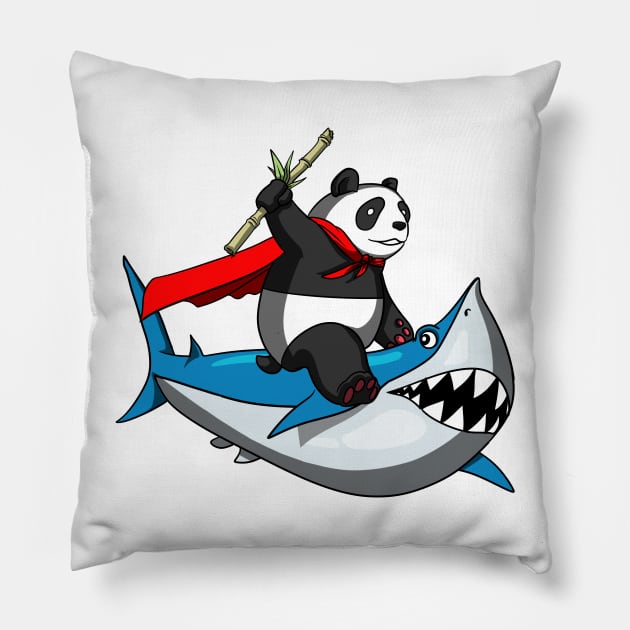Panda Bear Riding Shark Pillow by underheaven