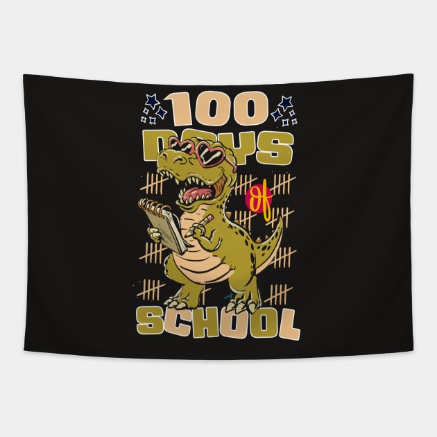 100 days of school featuring a friendly T-rex Dino Holding a notebook  #4 Tapestry by XYDstore