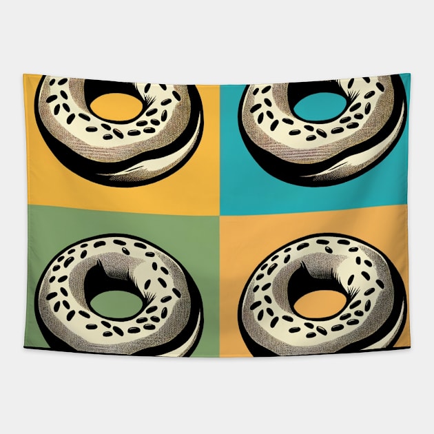 Pop Art Bagel Fiesta: Vibrant National Bagel Day Tapestry by Edd Paint Something