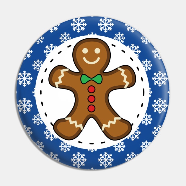 Gingerbread Man on Blue White Snowflakes Pattern Pin by BirdAtWork