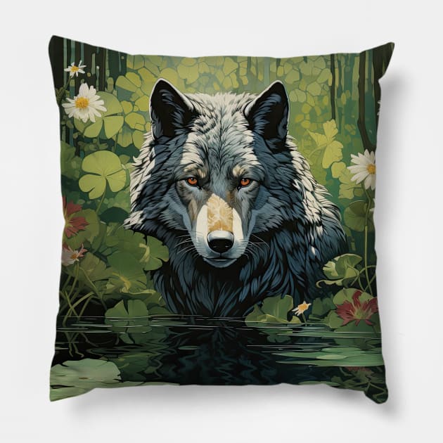 Wolf and waterlilies Pillow by obstinator