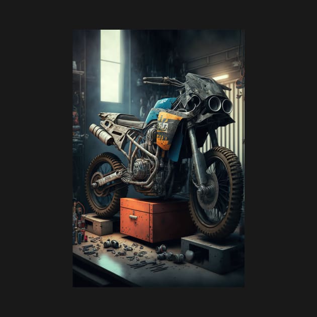 Dirt bike in a shop CGI style by KoolArtDistrict