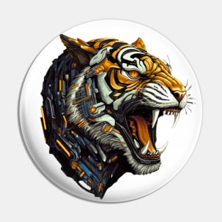 Techno Roar - Close-Up Art of a Roaring Cyborg Tiger Pin