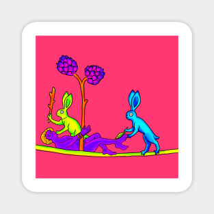 Medieval Rabbits Tickling a Person Bad Weird 90's Colorful Retro Art Magnet