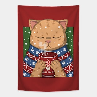 Cute Tabby Cat Drinking Coffee On Christmas Tapestry