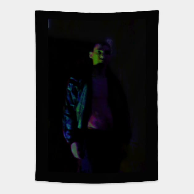 Portrait, digital collage and special processing. Beautiful guy in sport suit with bare torso. Violet and green. Some glow on right. Tapestry by 234TeeUser234