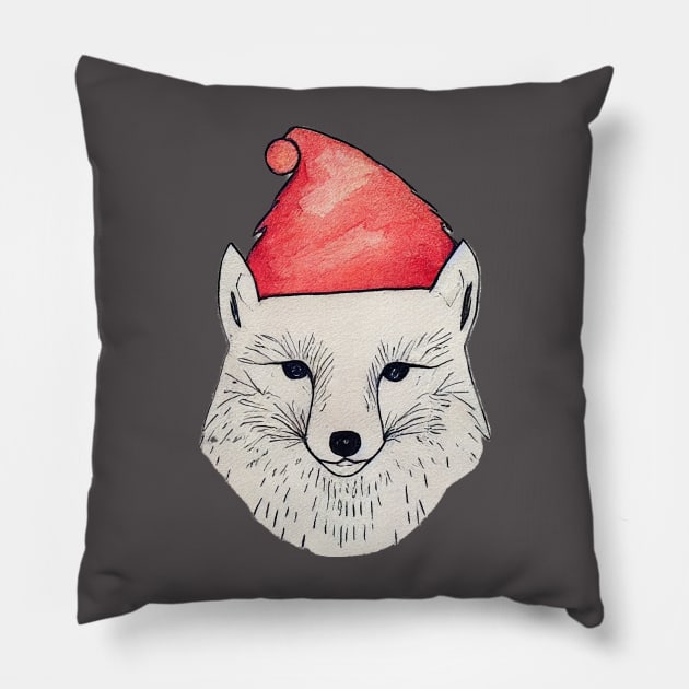 Arctic Fox Wearing a Christmas Hat Pillow by fistikci
