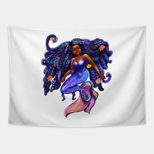Black mermaid with flowing braids and fish Afro hair and caramel brown skin African American mermaids Tapestry