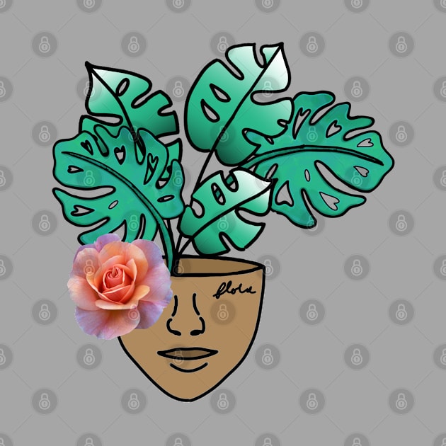 Surreal Monstera House Plant Person with Pink Rose by Tenpmcreations