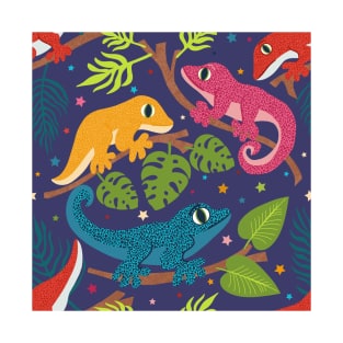 Colourful Geckos with Jungle Leaves and Stars on purple T-Shirt