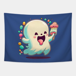 A happy kawaii cute little ghost loves ice-crea Tapestry