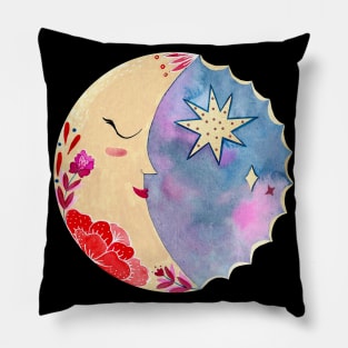 Mexican moon with folk flowers and stars Pillow