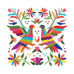 Mexican Otomí Couple of Birds Composition / Colorful & happy art by Akbaly T-Shirt