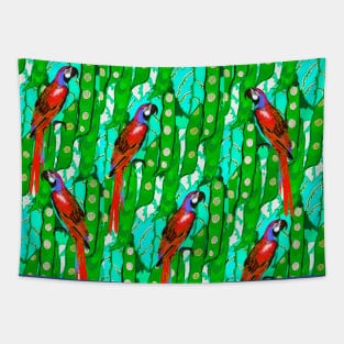 RED MACAWS ,BLUE GREEN LEAVES,TROPICAL PLANTS FLORAL PATTERN Tapestry